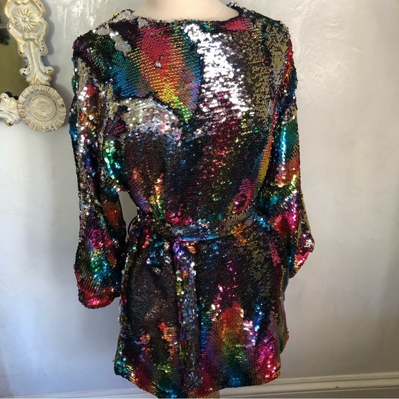 Zara girls rainbow/sliver sequence dress w/lantern sleeves & belt size 13/14 - Picture 6 of 11